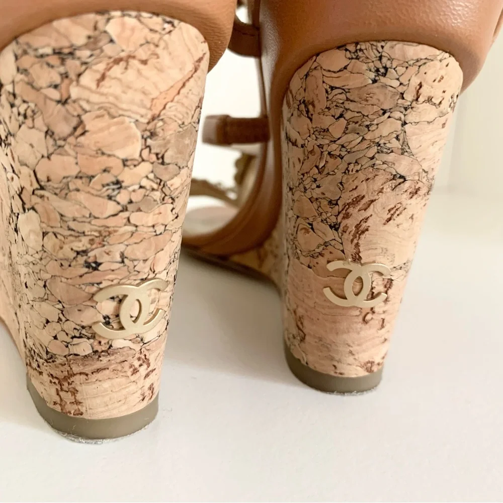 Chanel cc logo camellia charm sandal wedges